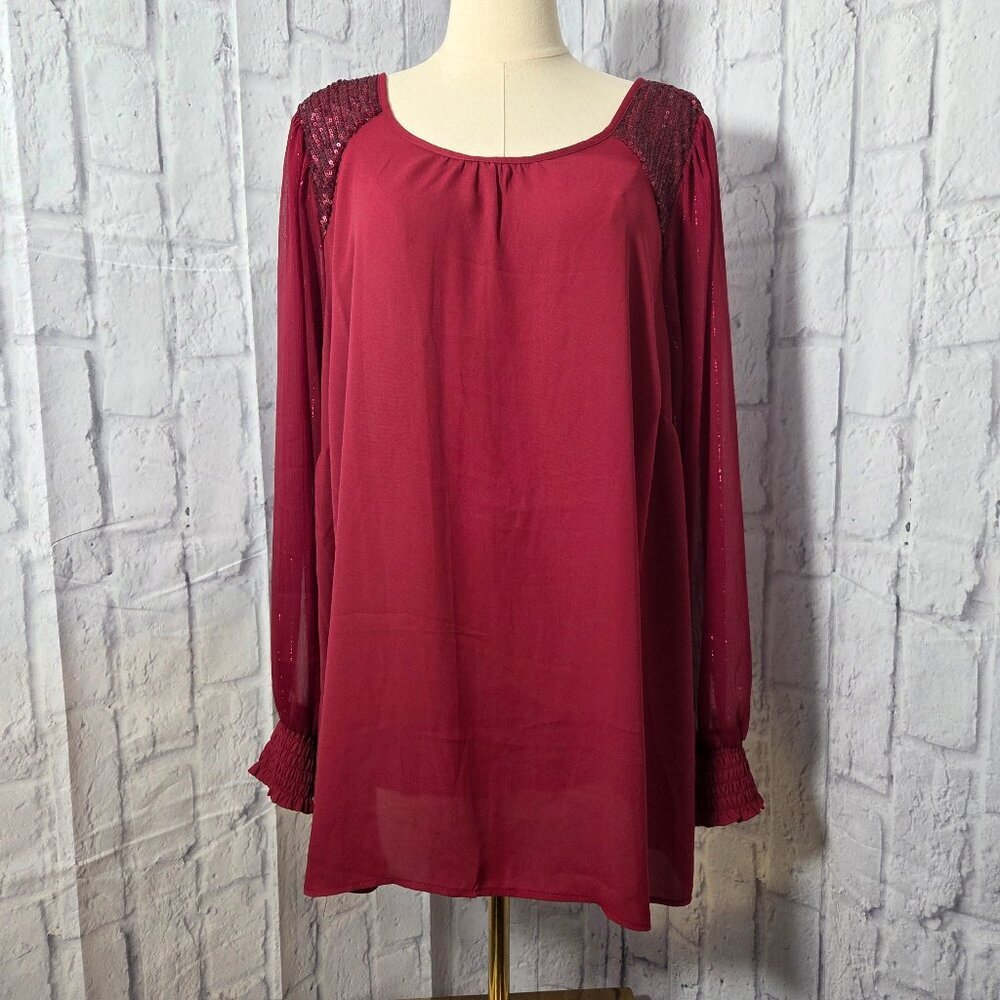 Torrid 2 (2x) Rhubarb Sequin Trim Dressy Holiday Semi Sheer Blouse Nwt (Flaw)